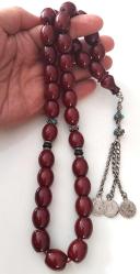 OSMANLI DÖNEMİ OBJEDEN YAPILMA KOYU KIRMIZI MUHTEŞEM HAVŞALI SIKMA KEHRİBAR TESPİH GÜMÜŞ PÜSKÜLLÜ 2ÖÖÖ1R1A ÇOK NADİR