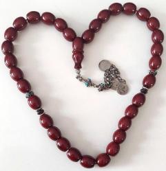 OSMANLI DÖNEMİ OBJEDEN YAPILMA KOYU KIRMIZI MUHTEŞEM HAVŞALI SIKMA KEHRİBAR TESPİH GÜMÜŞ PÜSKÜLLÜ 2ÖÖÖ1R1A ÇOK NADİR