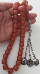 OSMANLI DÖNEMİ OBJEDEN YAPILMA AÇIK KAHVERENGİ BAL RENGİ MUHTEŞEM SIKMA KEHRİBAR TESPİH GÜMÜŞ PÜSKÜLLÜ 5H1RRR1 ÇOK NADİR