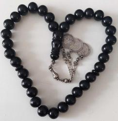 OSMANLI DÖNEMİ OBJEDEN YAPILMA SİYAH RENKLİ MUHTEŞEM SIKMA KEHRİBAR TESPİH GÜMÜŞ PÜSKÜLLÜ 1A1A1R1 ÇOK NADİR