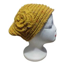 Hardal Renk Bohem Çiçek Detaylı El İşi Örgü Bere-Şapka