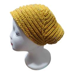 Hardal Renk Bohem Çiçek Detaylı El İşi Örgü Bere-Şapka