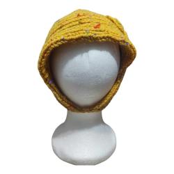 Hardal Renk Bohem Çiçek Detaylı El İşi Örgü Bere-Şapka