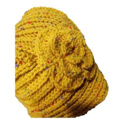 Hardal Renk Bohem Çiçek Detaylı El İşi Örgü Bere-Şapka