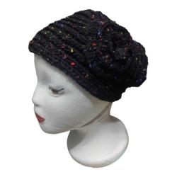 Siyah Bohem Çiçek Detaylı El İşi Örgü Bere-Şapka