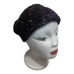 Siyah Bohem Çiçek Detaylı El İşi Örgü Bere-Şapka