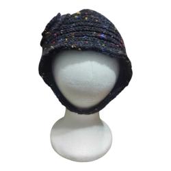 Siyah Bohem Çiçek Detaylı El İşi Örgü Bere-Şapka