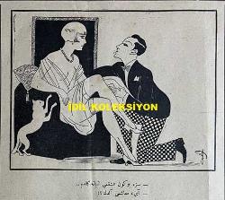 Osmanlıca Akbaba Mizah Dergisi-Gazetesi, Orijinal Dönem Basım, (Ottoman Magazine-Newspaper) - 6 Ağustos 1928 - Sayı: 590 - Karikatürist Ramiz Gökçe'nin İstanbul Şehreminliği ile Vilayet Yönetimlerinin Birleştirilmesine Dair Muhittin Üstündağ'ı Tasvir Eden Çalışması: Gazetelerden: vilayetle Emanet Birleşecek Olursa Kadrodan da İktisat Edilecektir. 