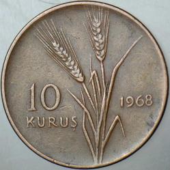 TÜRKİYE CUMHURİYETİ 10 KURUŞ 1968.
