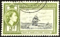 +++  JAMAICA KRALİÇE , PORT ROYAL daki SAVAŞ GEMİLERİ  , JAMAICA'nın KOLONİLEŞMESİ 300.YIL      1955    B - DAMGALI