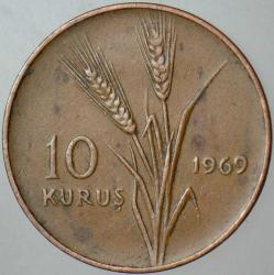 TÜRKİYE CUMHURİYETİ 10 KURUŞ 1969.