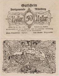AVUSTURYA NOTGELD 50 HELLER 1920 MİTTELBERG BELEDİYESİ. AÇIKLAMAYI OKUYUNUZ. ÇİLALTI.