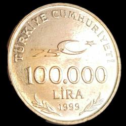 Cumhuriyetin 75 yılı 1999 100 Bin Lira Çil Koruma Kapsülde