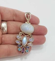 Vintage 925 Gümüş Aytaşı Mavi Topaz ve Ametist Taşlı Kolye ucu