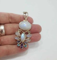 Vintage 925 Gümüş Aytaşı Mavi Topaz ve Ametist Taşlı Kolye ucu