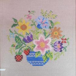 VINTAGE ORJİNAL ÇERÇEVESİNDE EL İŞİ  GOBLEN SAKSIDA ÇİÇEKLER TABLO