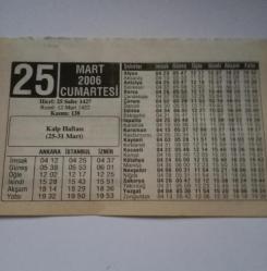 25 Mart 2006-Orijinal Takvim Yaprağı-Doğum Günü-Söz,Nişan,Nikâh,Düğün ve Önemli Günler Hediyesi-ERAŞ Hizmet Takvimi-Ayet-Hadis(Kalp Haftası (25-31 Mart))-Sigara İçmek ve Hamilelik-Bilmeceler-Çocuğunuza İsim:Vahap,Vahide