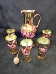 ANTİKA GELİN ŞERBET TAKIMI- SÜRAHİ VE 5 BARDAK. CAM- EL BOYAMA