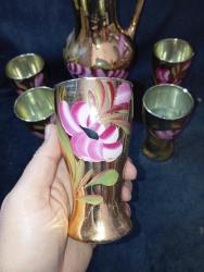 ANTİKA GELİN ŞERBET TAKIMI- SÜRAHİ VE 5 BARDAK. CAM- EL BOYAMA