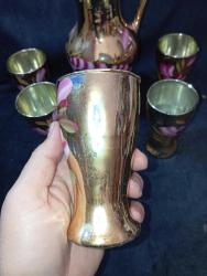 ANTİKA GELİN ŞERBET TAKIMI- SÜRAHİ VE 5 BARDAK. CAM- EL BOYAMA