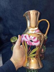 ANTİKA GELİN ŞERBET TAKIMI- SÜRAHİ VE 5 BARDAK. CAM- EL BOYAMA