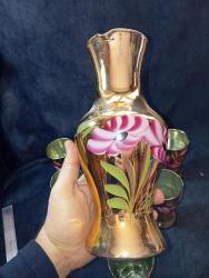 ANTİKA GELİN ŞERBET TAKIMI- SÜRAHİ VE 5 BARDAK. CAM- EL BOYAMA