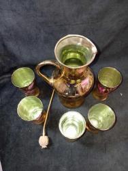 ANTİKA GELİN ŞERBET TAKIMI- SÜRAHİ VE 5 BARDAK. CAM- EL BOYAMA