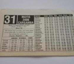 31 Mayıs 2006-Orijinal Takvim Yaprağı-Doğum Günü-Söz,Nişan,Nikâh,Düğün ve Önemli Günler Hediyesi-ERAŞ Hizmet Takvimi-Ayet-Hadis(Seçme Hadisler,s.40)-Ruh Göçü (Reenkarnasyon)-Çocuğunuza İsim:Serhat,Serpil
