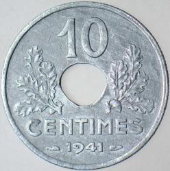FRANSA 10 CENTIMES 1941 İKİNCİ DÜNYA SAVAŞI NAZİ İŞGALİ-VİCHY HÜKÜMETİ DÖNEMİ ÇİNKO.