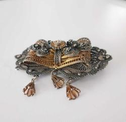 Antika Gümüş ve Altın Kaplama Telkari Kemer Tokası