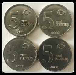 2005-2006-2007-2008 Tarihli 5 YENİ KURUŞ TAM TK. (5 YKrş.) KM#1165 (TCML5/8)