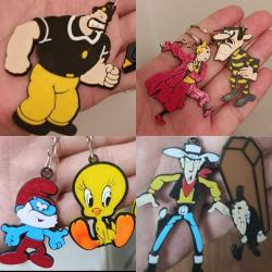 Nostalji tasarım vintage retro aksesuar koleksiyon süs anahtarlık set. Kabasakal tenten Joe Dalton Red Kit mezarcı tabutcu şirin baba Tweety
