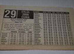 29 Eylül 2006-Orijinal Takvim Yaprağı-Doğum Günü-Söz,Nişan,Nikâh,Düğün ve Önemli Günler Hediyesi-ERAŞ Hizmet Takvimi-Ayet-Hadis(Bakara,184)-Ef'al-i Mükellefin-Çocuğunuza İsim:Kadri,Kadriye