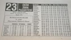 23 Ekim 2006-Orijinal Takvim Yaprağı-Doğum Günü-Söz,Nişan,Nikâh,Düğün ve Önemli Günler Hediyesi-ERAŞ Hizmet Takvimi-Ayet-Hadis(Ramazan Bayramı (1.Gün))-Ramazan Bayramı Namazı-Çocuğunuza İsim:Mecit,Mehpare