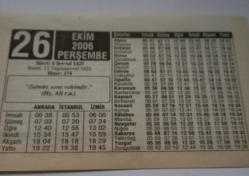 26 Ekim 2006-Orijinal Takvim Yaprağı-Doğum Günü-Söz,Nişan,Nikâh,Düğün ve Önemli Günler Hediyesi-ERAŞ Hizmet Takvimi-Ayet-Hadis(Hz.Ali (r.a))-Hayattaki En Değerli Şeyler Alınamayanlardır!-Çocuğunuza İsim:Melik,Melike