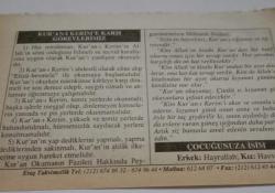 19 Kasım 2006-Orijinal Takvim Yaprağı-Doğum Günü-Söz,Nişan,Nikâh,Düğün ve Önemli Günler Hediyesi-ERAŞ Hizmet Takvimi-Ayet-Hadis(Hz.Ali(R.A.)-Kur'an-ı Kerim'e Karşı Görevlerimiz-Çocuğunuza İsim:Hayrullah,Havva