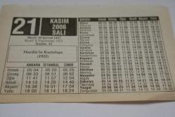 21 Kasım 2006-Orijinal Takvim Yaprağı-Doğum Günü-Söz,Nişan,Nikâh,Düğün ve Önemli Günler Hediyesi-ERAŞ Hizmet Takvimi-Ayet-Hadis(Mardin'in Kurtuluşu(1922))-Zilkade Hilali-Çocuğunuza İsim:Haydar,Hayal