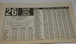 26 Kasım 2006-Orijinal Takvim Yaprağı-Doğum Günü-Söz,Nişan,Nikâh,Düğün ve Önemli Günler Hediyesi-ERAŞ Hizmet Takvimi-Ayet-Hadis(Seçme Hadisler,s.87)-Peygamber Görev ve Özellikleri-Çocuğunuza İsim:Hanefi,Hanife