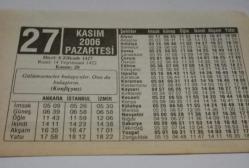 27 Kasım 2006-Orijinal Takvim Yaprağı-Doğum Günü-Söz,Nişan,Nikâh,Düğün ve Önemli Günler Hediyesi-ERAŞ Hizmet Takvimi-Ayet-Hadis(Konfiçyus)-İsrafil-Çocuğunuza İsim:Hamza,Hacer