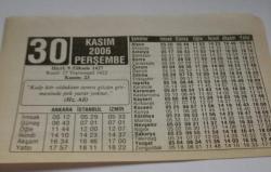 30 Kasım 2006-Orijinal Takvim Yaprağı-Doğum Günü-Söz,Nişan,Nikâh,Düğün ve Önemli Günler Hediyesi-ERAŞ Hizmet Takvimi-Ayet-Hadis(Hz.Ali)-Kansere Karşı Birinci Uyarı-Çocuğunuza İsim:Hamdi,Hamide
