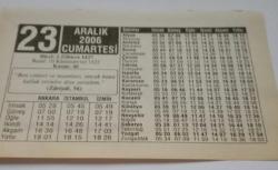 23 Aralık 2006-Orijinal Takvim Yaprağı-Doğum Günü-Söz,Nişan,Nikâh,Düğün ve Önemli Günler Hediyesi-ERAŞ Hizmet Takvimi-Ayet-Hadis(Zariyat,56)-Yemek Adabı-Çocuğunuza İsim:Feyzullah,Fatma