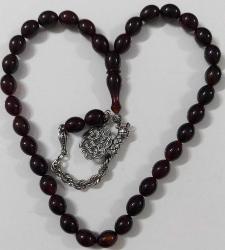 OSMANLI DÖNEMİ OBJEDEN YAPILMA KOYU KIRMIZI MUHTEŞEM SIKMA KEHRİBAR TESPİH GÜMÜŞ-PİRİNÇ PÜSKÜLLÜ 2UUU1A1 ÇOK NADİR