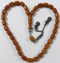 OSMANLI DÖNEMİ OBJEDEN YAPILMA BAL KÖPÜĞÜ MUHTEŞEM SIKMA KEHRİBAR TESPİH GÜMÜŞ-PİRİNÇ PÜSKÜLLÜ 3B1A1A1 ÇOK NADİR