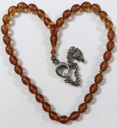 OSMANLI DÖNEMİ OBJEDEN YAPILMA PARLAK AÇIK KAHVERENGİ MUHTEŞEM ATEŞ KEHRİBAR TESPİH GÜMÜŞ AY YILDIZI VE KURT FİGÜRLÜ PÜSKÜLLÜ 2M1N1RR ÇOK NADİR