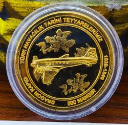 Türk Havacılık Tarihi Tayyare Serisi 500 mangır Bronz üzeri Altın Kaplama 38.6 mm Prof Baskı - Sertifikalı Çill..