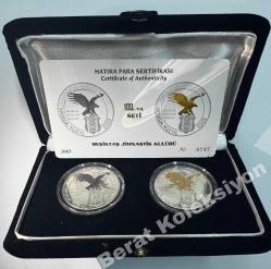 2003 Beşiktaş Jimnastik Kulübü 100. Yıl Gümüş Hatıra Para Seti - 1 gr Altın Kartallı Sertifikalı  (Orjinal Gümüş Kartallı Kadife  Kutusunda)