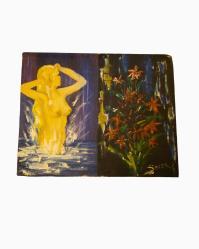 Yıkanan Kadın Nü ve Çiçekler / Sezer imzalı 1970'ler Yağlıboya Çalışma (65-81 cm Ebatında)