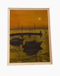 Günbatımı Yelkenli Deniz Manzarası / Sezer imzalı 1971 Tarihli Yağlıboya Çalışma (66-85 cm Çerçevesinde)