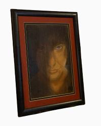 Gizemli Kadın Portresi / Figen 2006 imzalı Karton Üzeri Kuru Boya Çalışma (38-49 cm Çerçevesinde, Paspartulu)