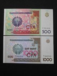 ÖZBEKİSTAN 500-1000 SOM, 1999/2001, ÇİL 2 adet
